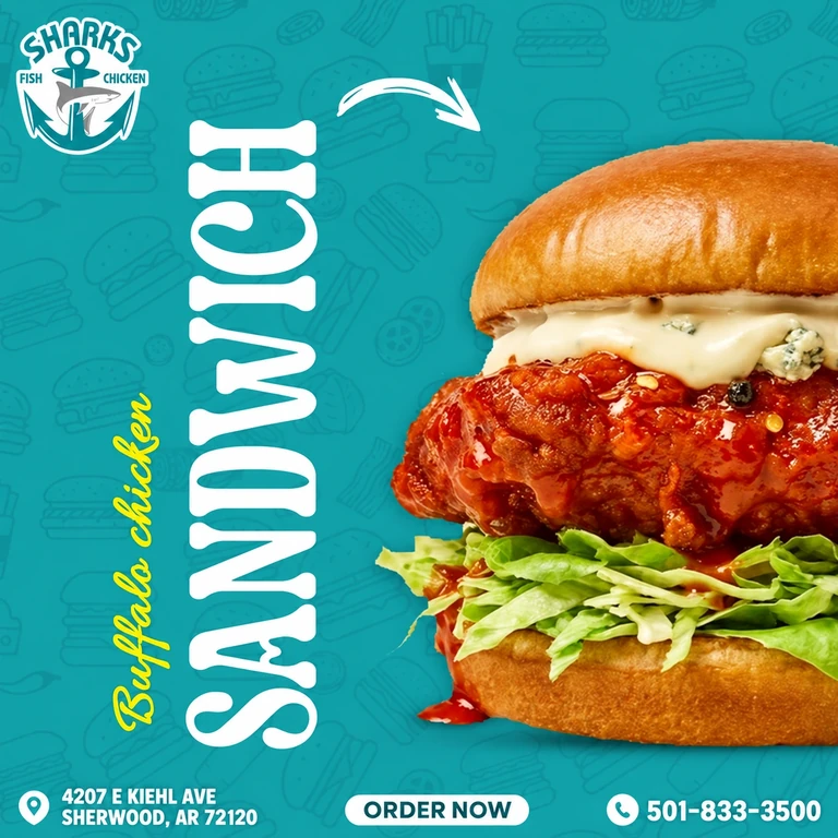 Sharks of Sherwood promotion: Buffalo chicken sandwich with lettuce and creamy sauce. 4207 E Kiehl Ave, Sherwood, AR 72120; 501-833-3500.