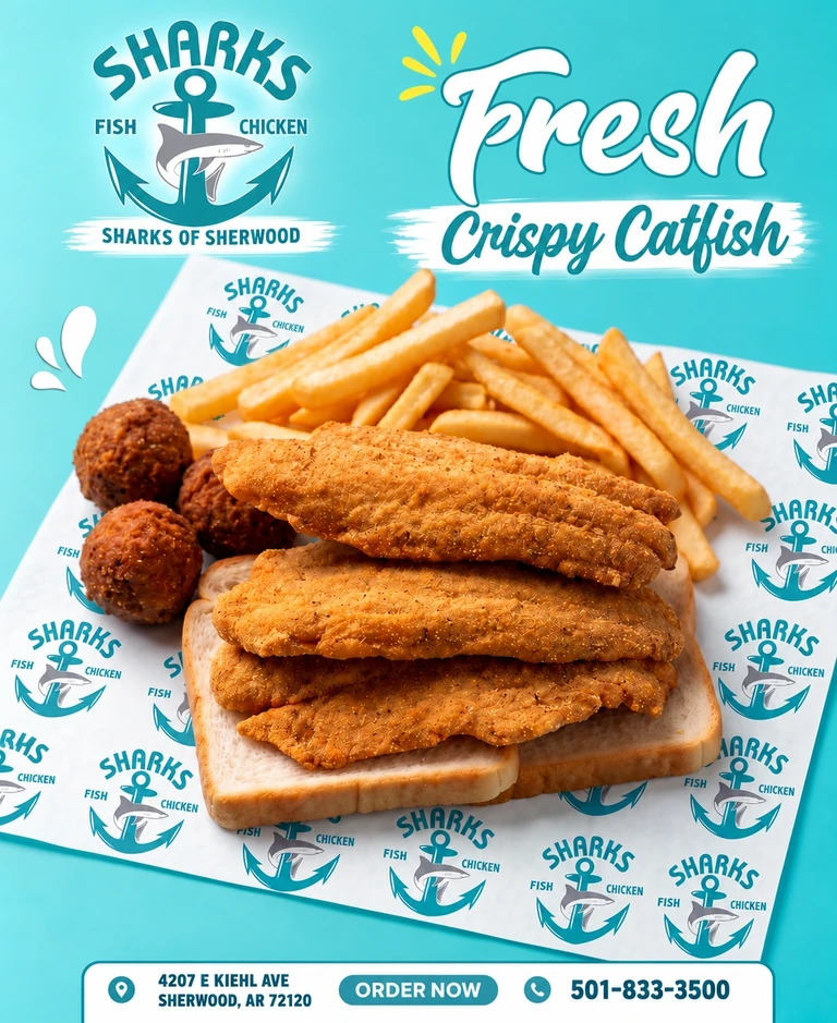 Sharks of Sherwood: Fresh Crispy Catfish. 4207 E Kiehl Ave, Sherwood, AR 72120; 501-833-3500.