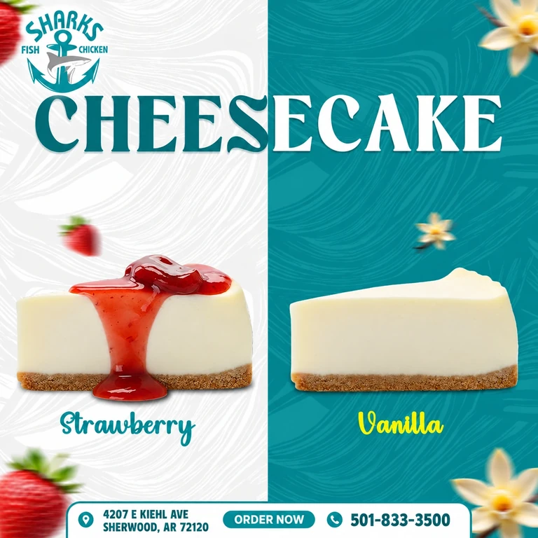 Sharks of Sherwood promotion: Strawberry and vanilla cheesecake slices. 4207 E Kiehl Ave, Sherwood, AR 72120; 501-833-3500.