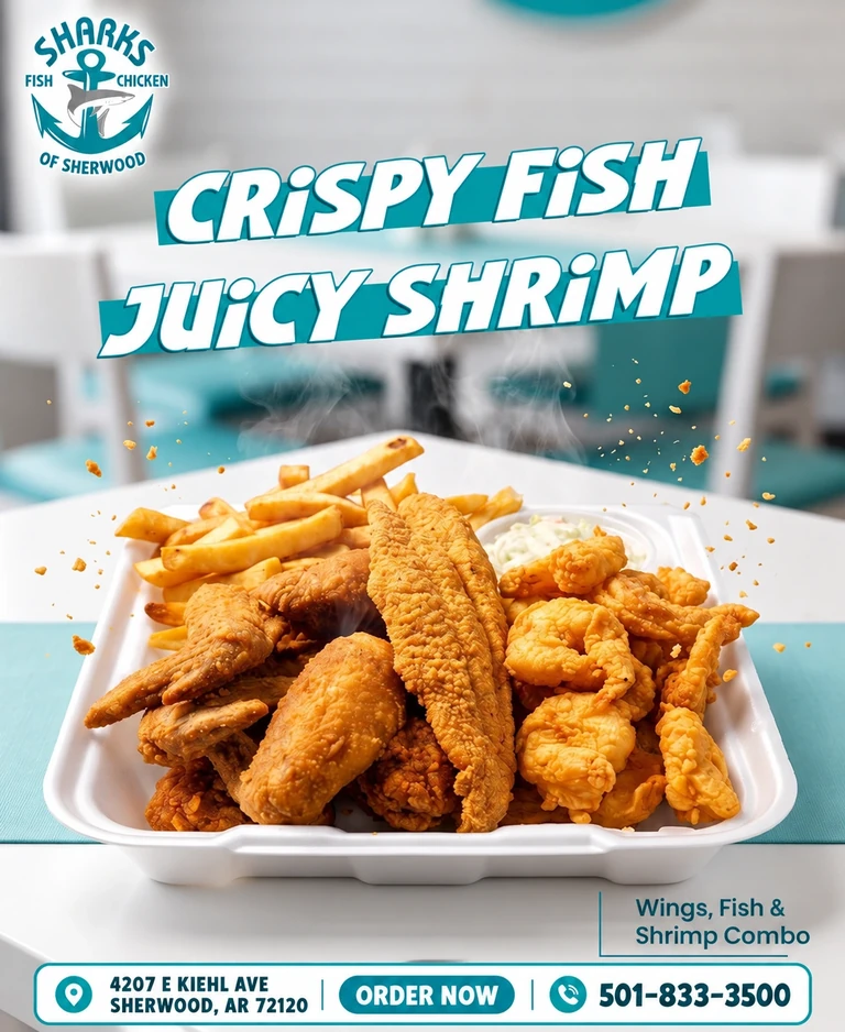 Sharks of Sherwood promotion: Wings, fried fish and shrimp combo with fries. 4207 E Kiehl Ave, Sherwood, AR 72120; 501-833-3500.