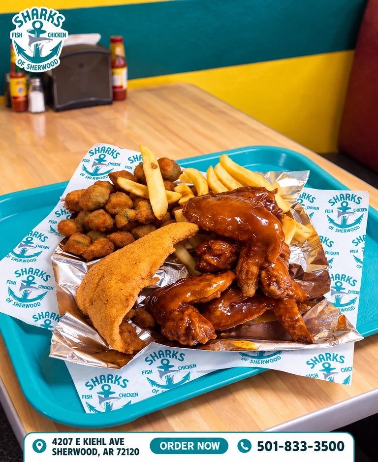 Sharks of Sherwood promotion: Fish, sauced chicken wings, fried okra and fries. 4207 E Kiehl Ave, Sherwood, AR 72120; 501-833-3500.