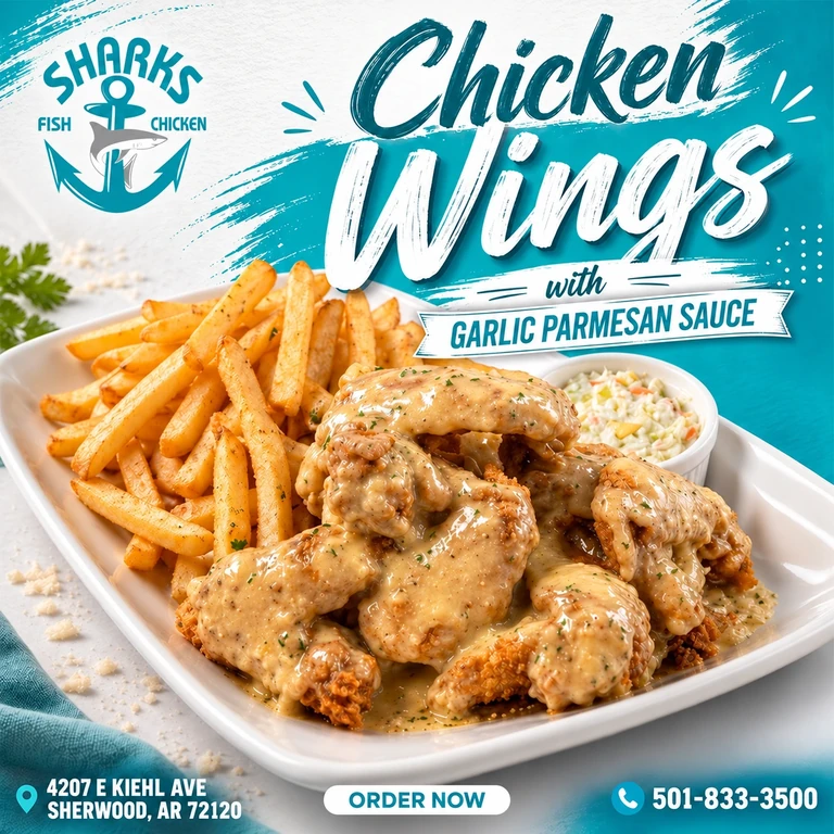 Sharks of Sherwood promotion: Chicken wings with garlic Parmesan sauce, fries and coleslaw. 4207 E Kiehl Ave, Sherwood, AR 72120; 501-833-3500.