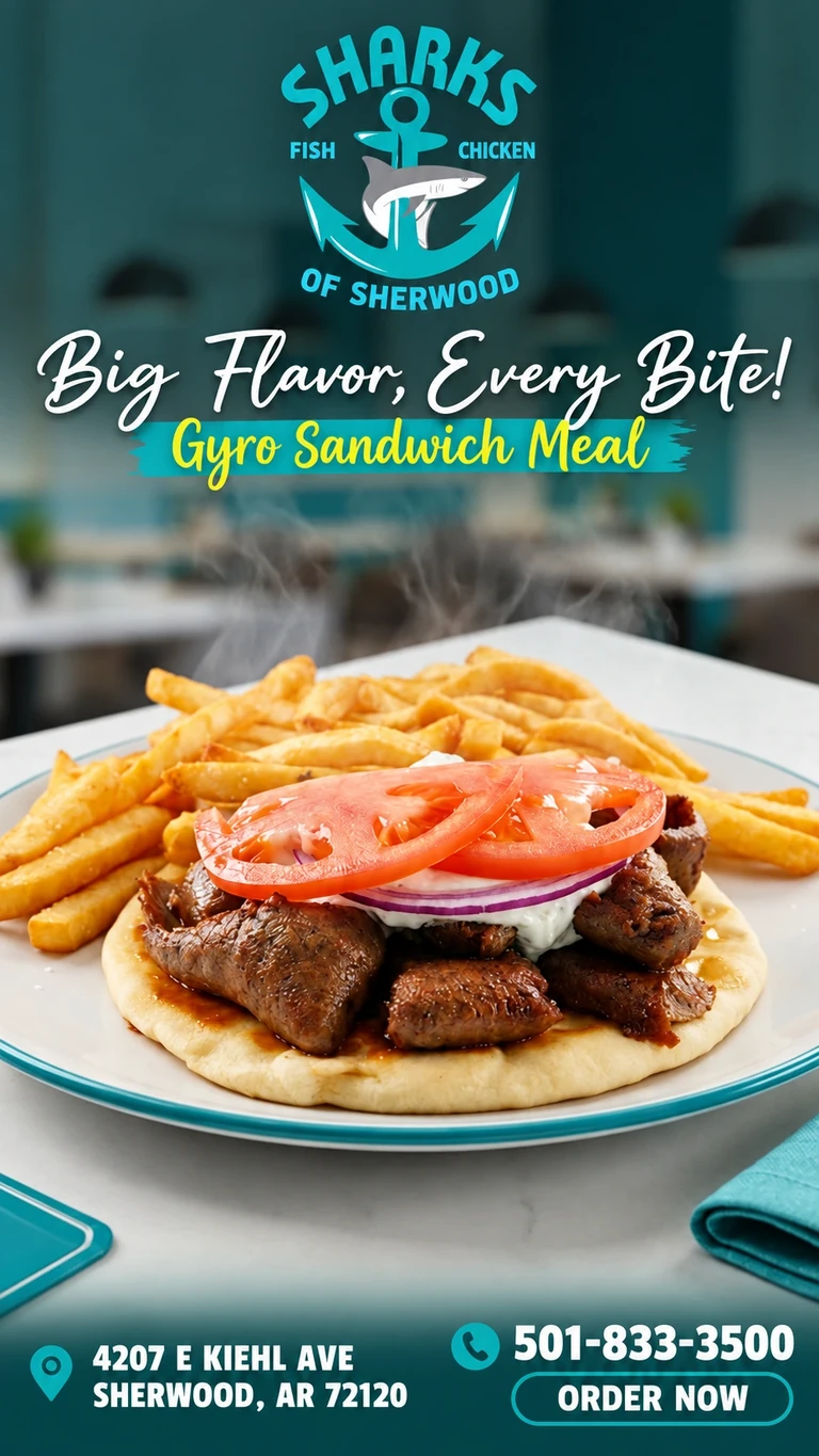 Sharks of Sherwood promotion: Gyro sandwich with tomato, onion and fries. 4207 E Kiehl Ave, Sherwood, AR 72120; 501-833-3500.