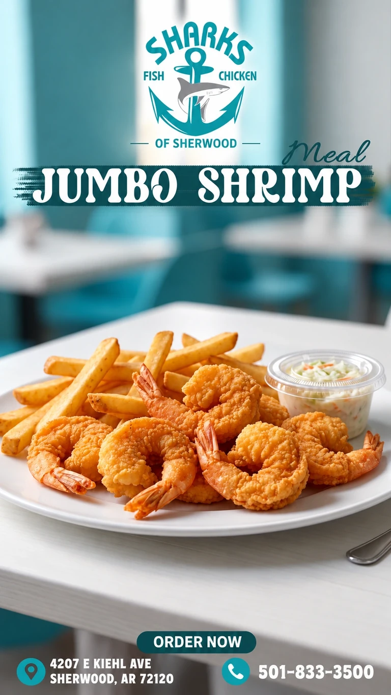 Sharks of Sherwood: Jumbo Shrimp Meal. 4207 E Kiehl Ave, Sherwood, AR 72120; 501-833-3500.